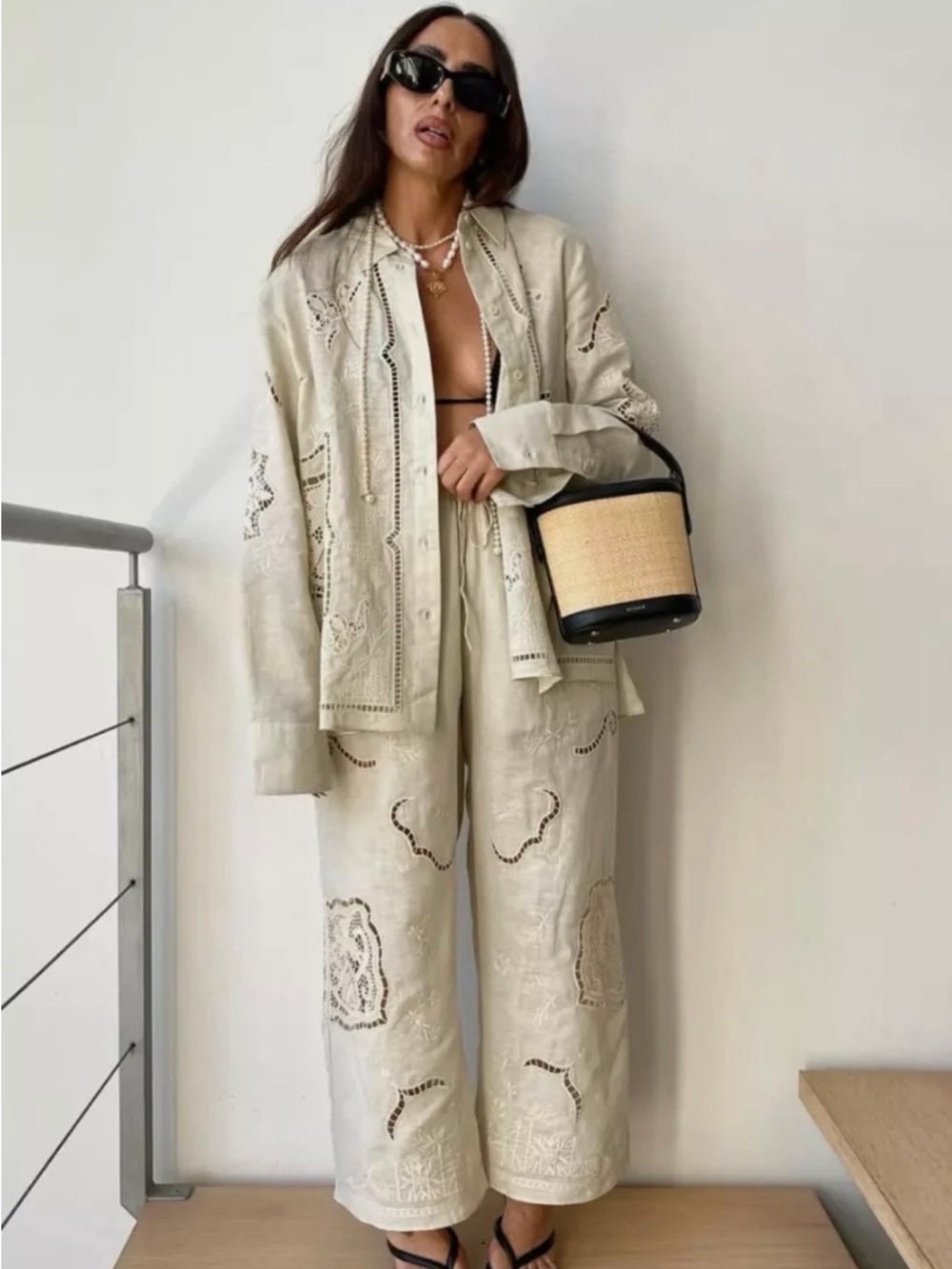 Zara Linen Embroidered Eyelet Two-Piece Pant Matching Set Cream Blouse Coord M/L